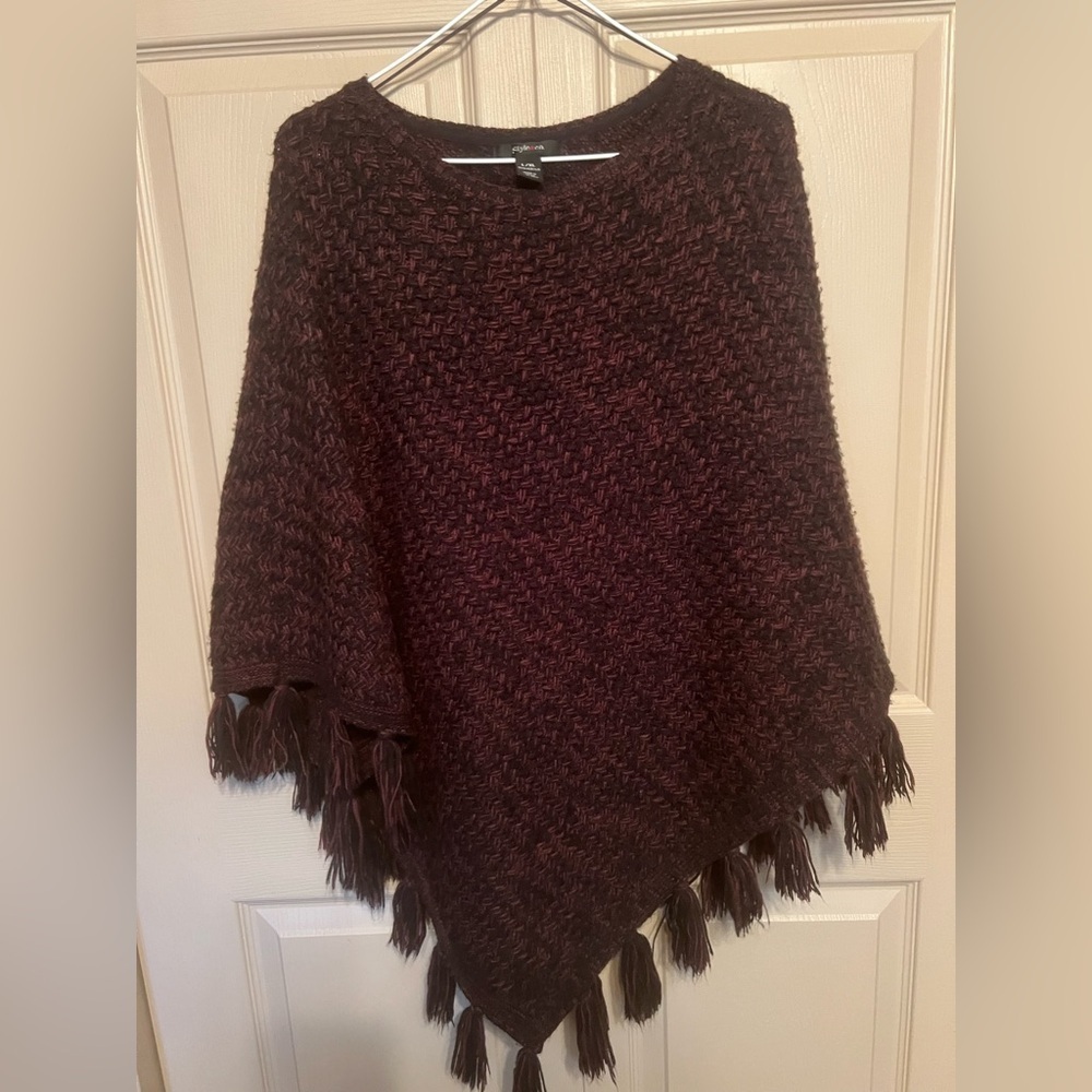 Style & Co. Burgundy and Black 
Tassel Poncho Sweater